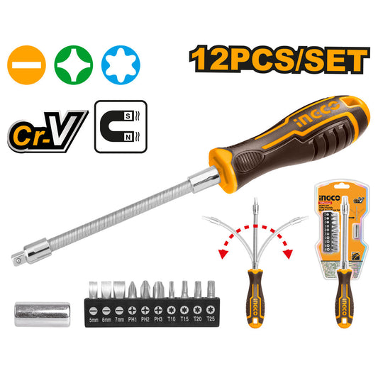 INGCO TOURNEVIS JEU DE 12 PIECES A MANCHE FLEXIBLE [AKSDFL1208]