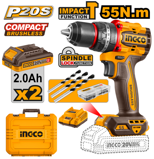 INGCO PERCEUSE VISSEUSE BRUSHLESS 20V+47 ACC 55NM-[CIDLI20558]