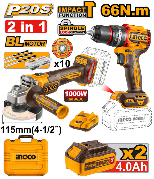 INGCO PACK 2 MACHINES MEULEUSE+VISSEUSE 66NM 20V 2X4AH [CKLI20273]