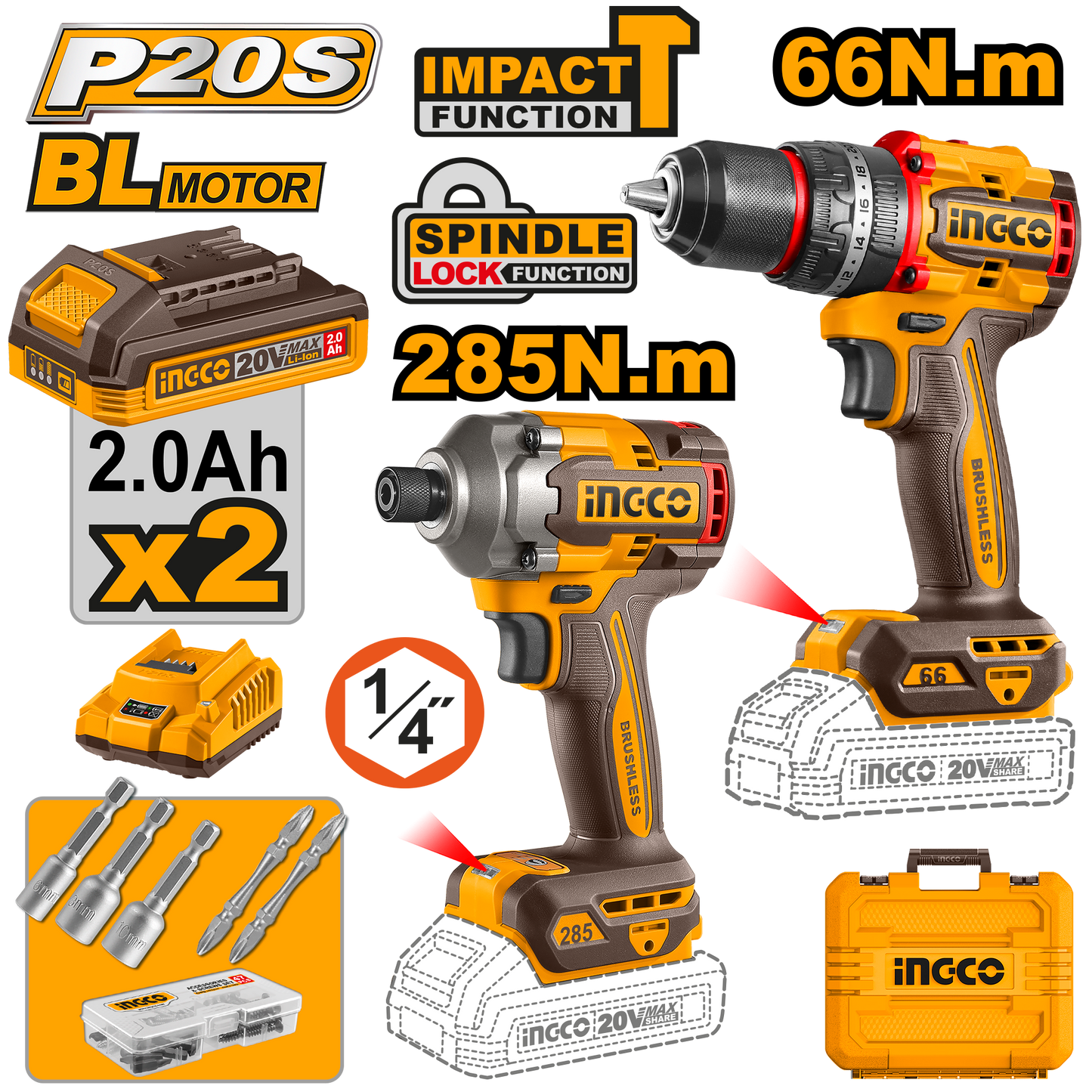 INGCO PACK VISSEUSE 20V 66NM ET VISSEUSE A CHOC 20V NR [CKLI20277]