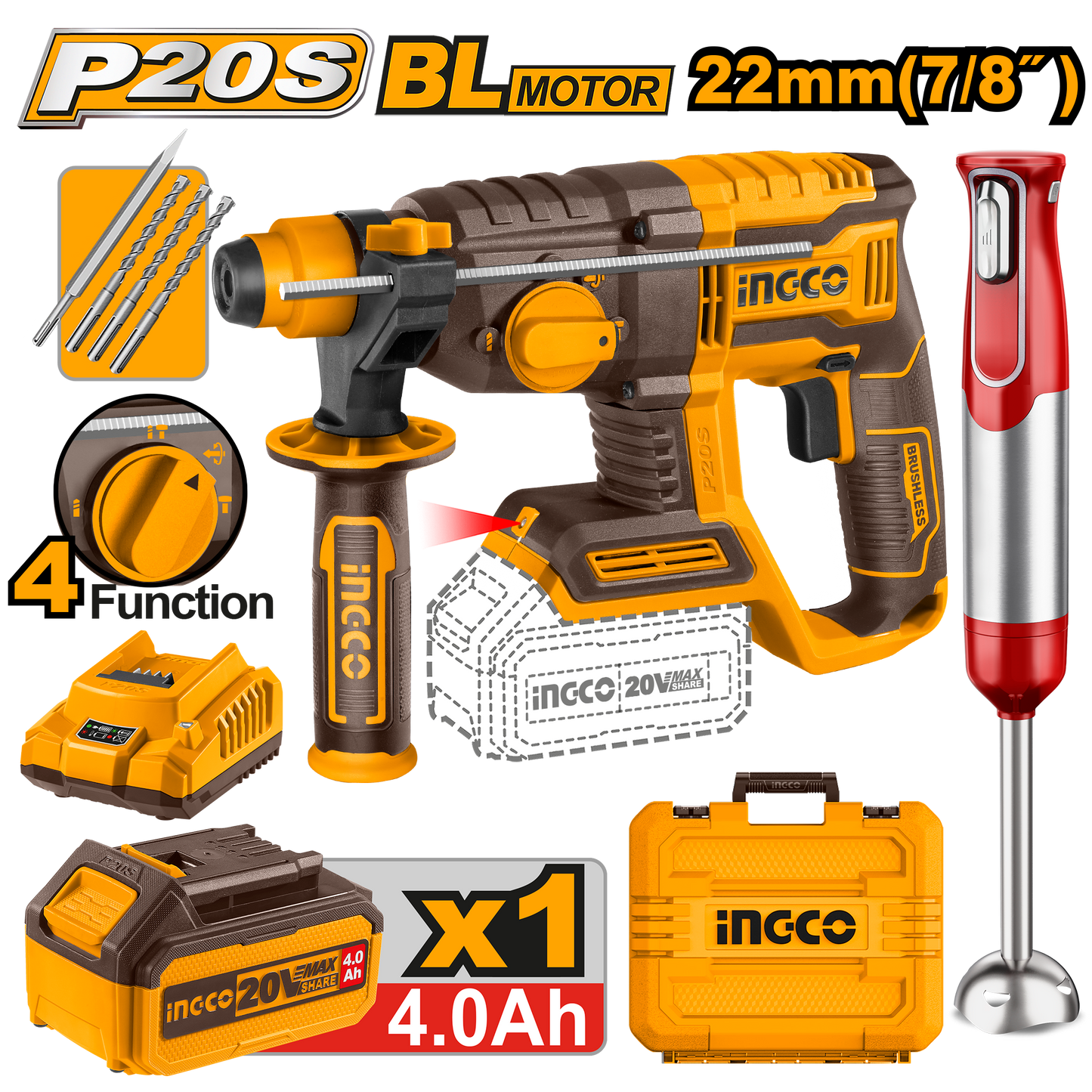 INGCO PACK MARTEAU PERFORATEUR 22MM 20V/MIXEUR PLONGEANT [COSLI240208]