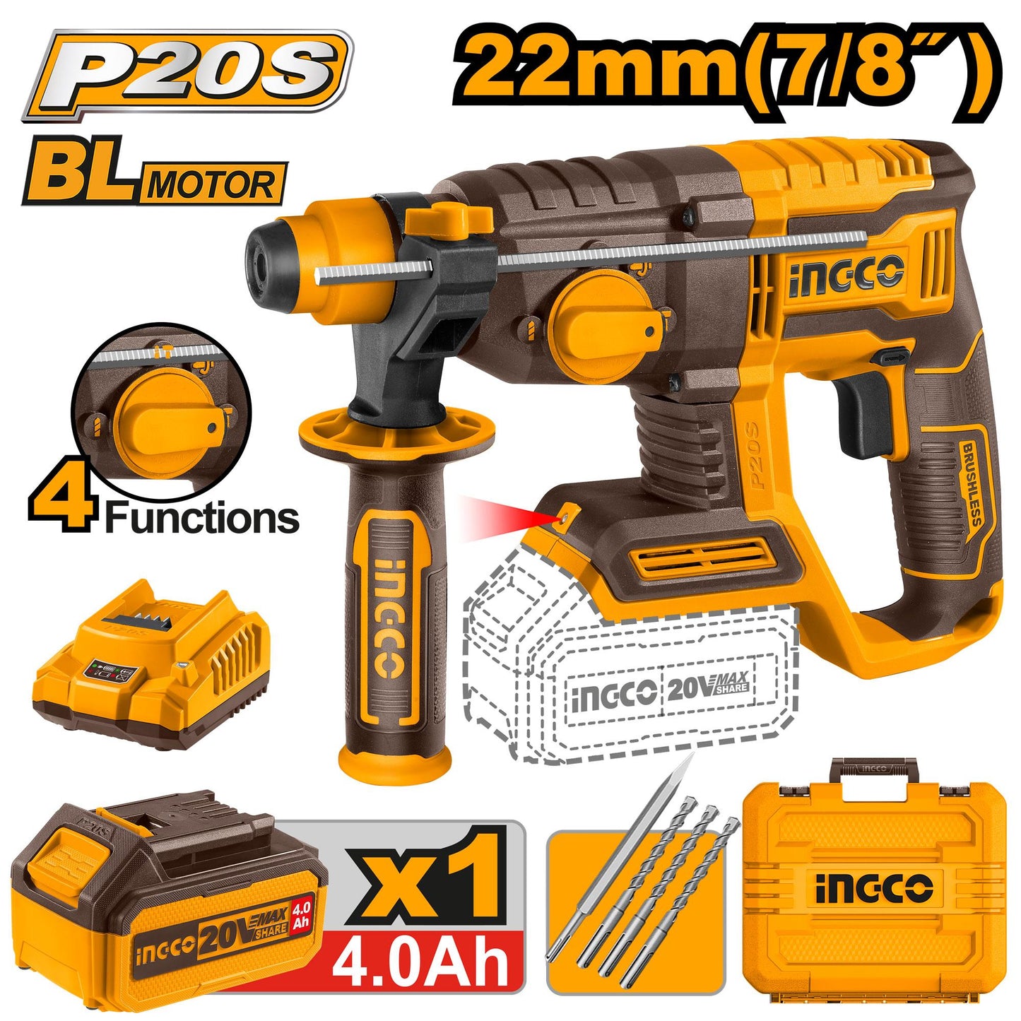 INGCO MARTEAU PERFORATEUR 22MM 20V + 1BATTERIE 4AH [CRHLI202081]