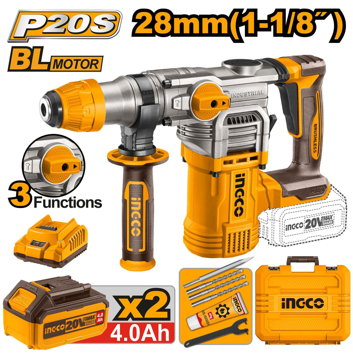 INGCO MARTEAU PERFORATEUR BRUSHLESS 20V SDS PLUS 28MM 2 BAT 5Ah [CRHLI202885]