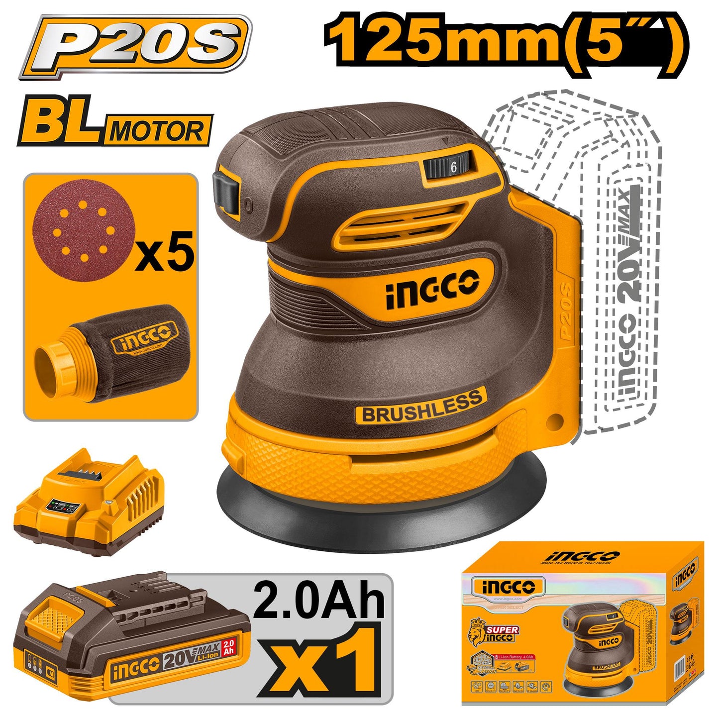 INGCO PONCEUSE ORBITALE LITHIUM20V+ 1 BATTERIE [CROSLI20021]