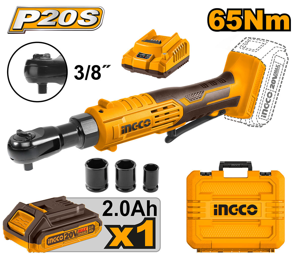 INGCO CLÉ À CLIQUET SANS FIL 20V, 65 NM, 3/8 [CDRLI2060152]