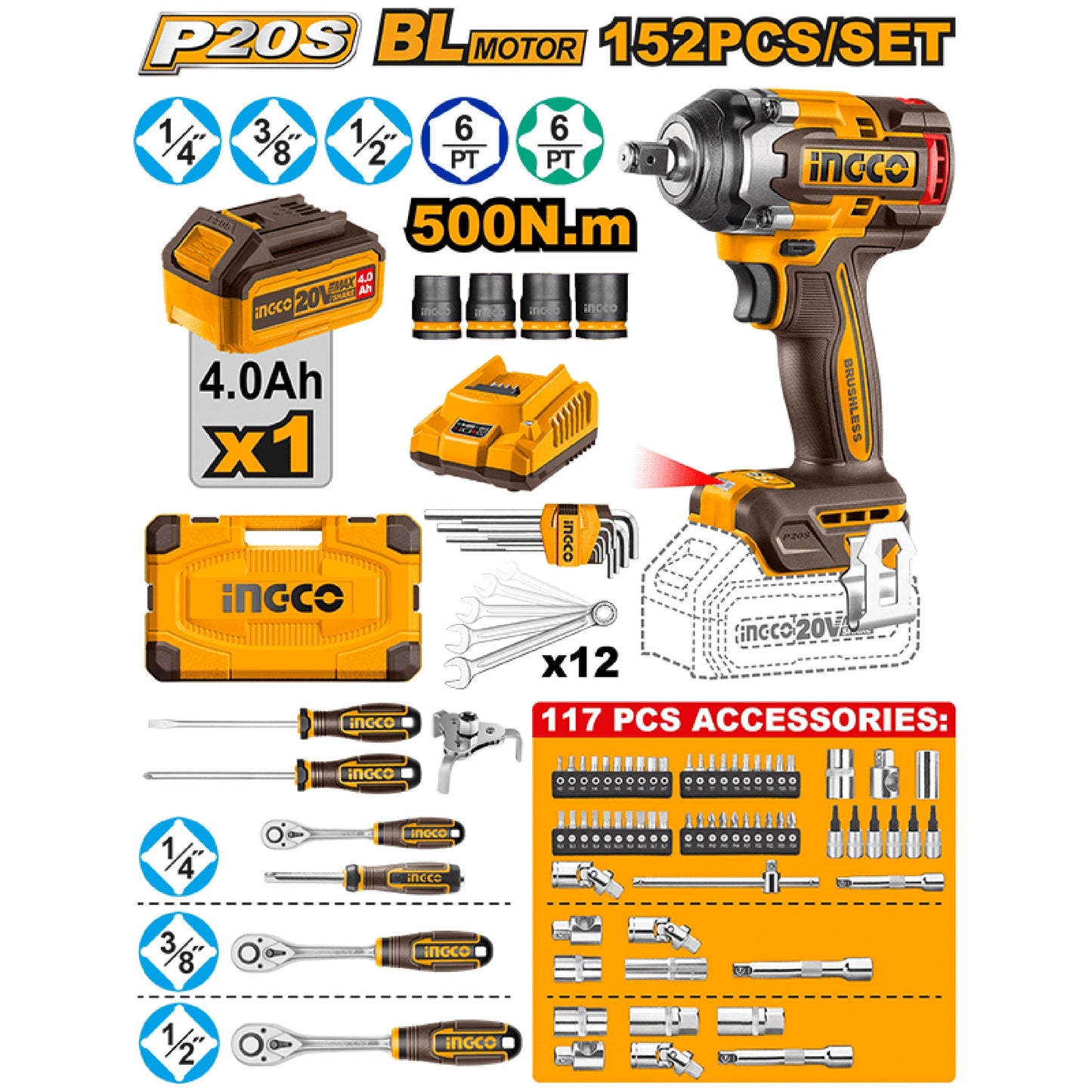 INGCO ENSEMBLE DE 152 OUTILS DE CLÉ À CHOCS SANS FIL [HKTHP31521]