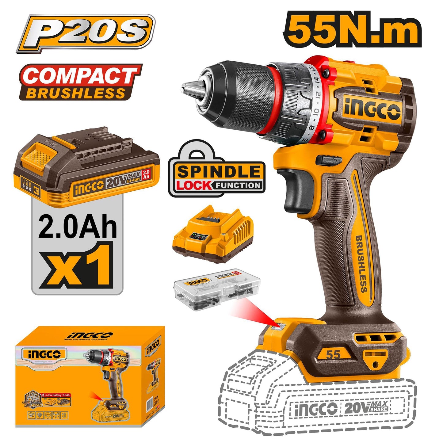 INGCO VISSEUSE BRUSHLESS 20V 1bat 55NM [CDLI205582]
