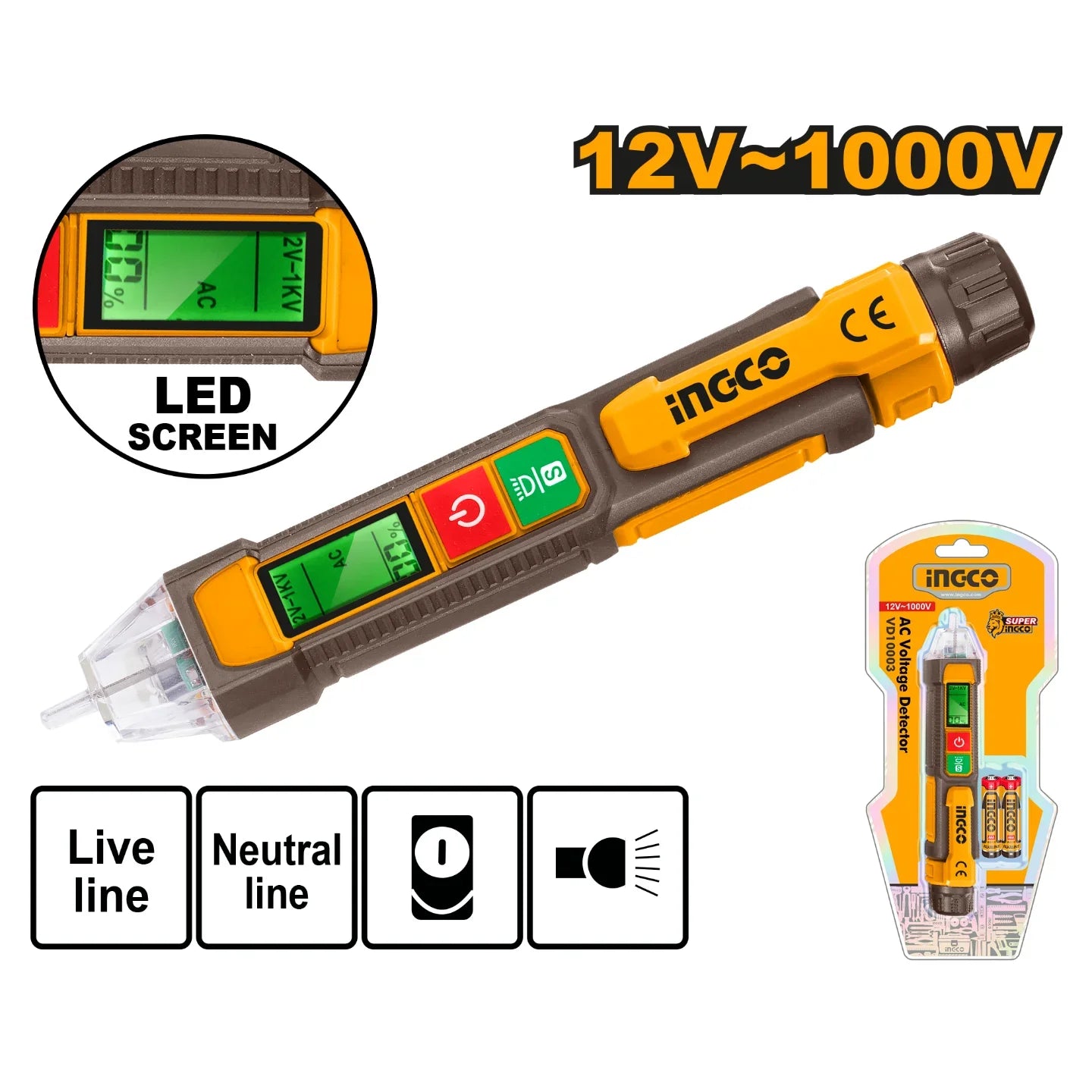 INGCO DETECTEUR DE TENSION AC DIGITAL 12V-1000V [VD210003]