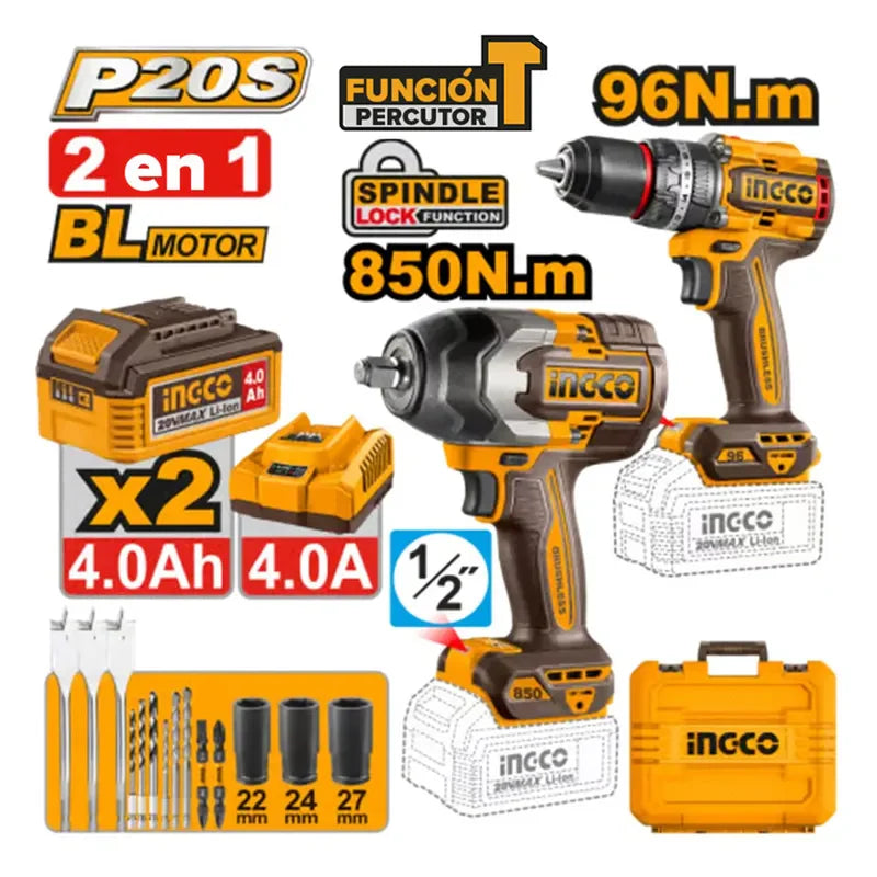 INGCO PACK VISSEUSE 96N.m +BOULONNEUSE 850N.m 20V 4.0Ah /2BAT [COSLI250586]